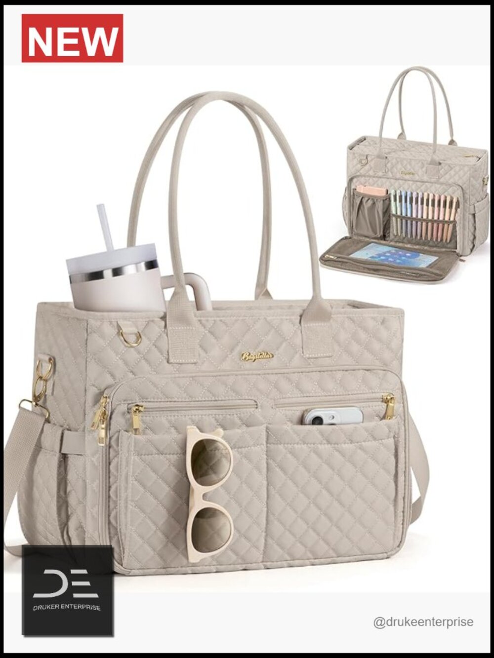 Large Capacity Quilted Laptop Tote Bag with 20 Pockets 15.6 inch